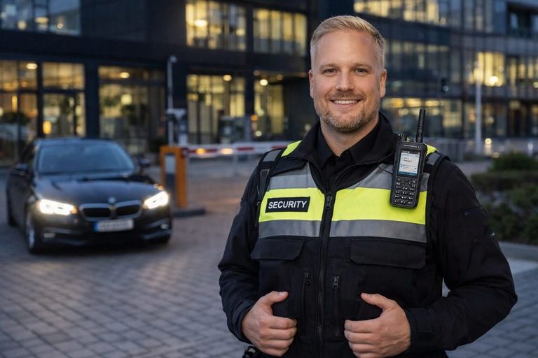 Freundlicher Sicherheitsmitarbeiter vor einem Bürogebäude
